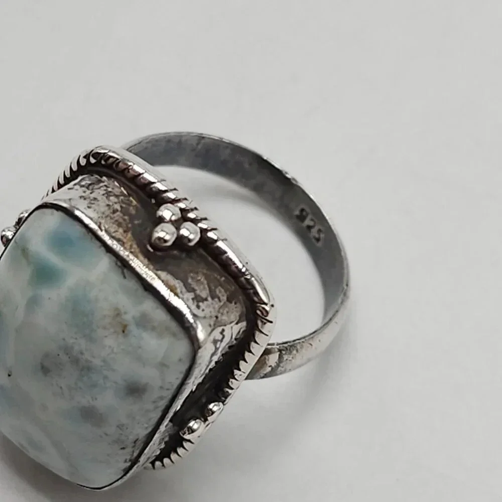 Sterling Silver 925 Vintage Blue Larimar Gemstone Statement Ring Size 7.5